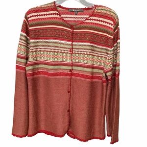 SOL Ladies Cardigan Geometric Striped Sweater Baby Alpaca & Silk Sz XL Red Green